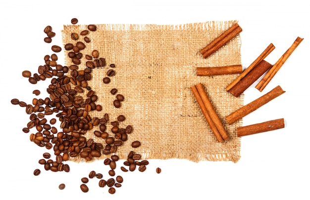 Cinnamon stick and coffee beans