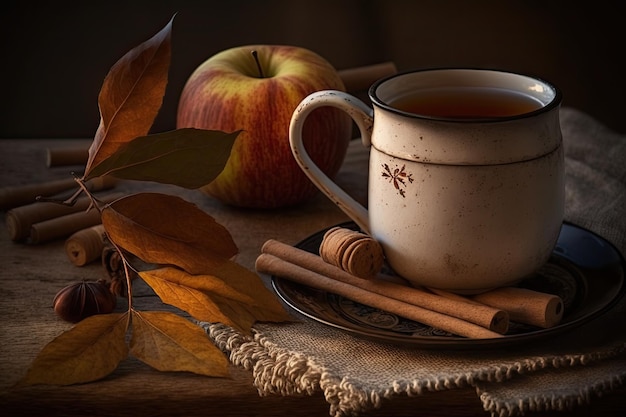 Cinnamon stick and mug of warm apple cider the perfect autumn treat