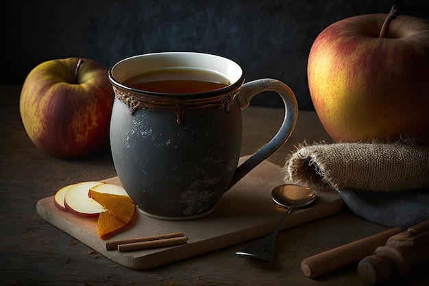 Cinnamon stick and mug of warm apple cider the perfect autumn treat
