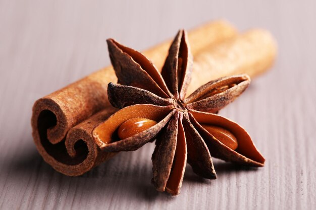 Cinnamon stick and star anise on wooden background