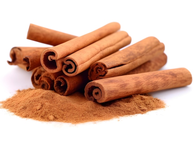 Cinnamon sticks and cinnamon powder isolated on white background