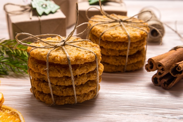 Cinnamon sticks and cookies, Christmas concept