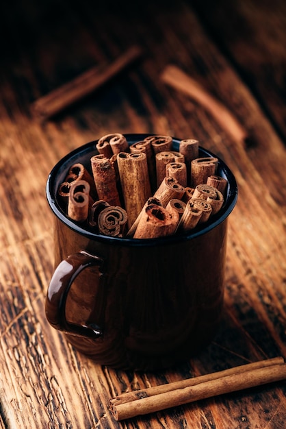 Cinnamon sticks in a metal mugr