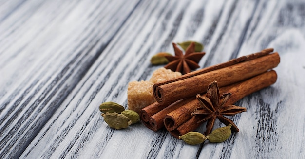 Cinnamon sticks, star anise, cardamom