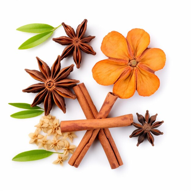 Cinnamon sticks with star anise nutmeg and clove on white background