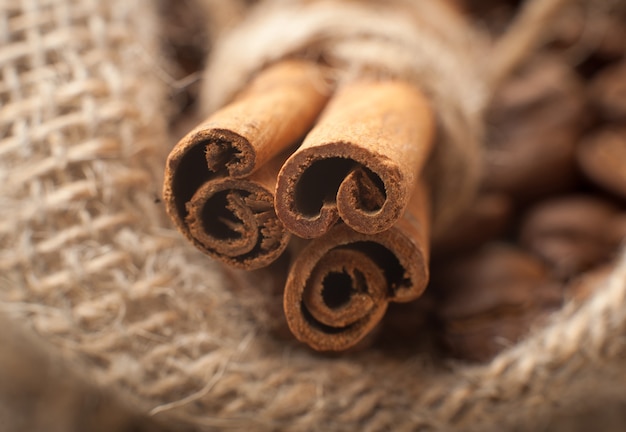 Cinnamon sticks on wooden background