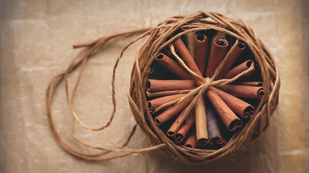 Cinnamon sticks wrapped with a rustic thread