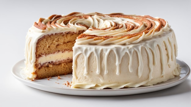 cinnamon swirled cake with cream cheese frosting isolated on white background