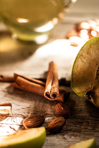 Cinnamon on white wood background Focus selective