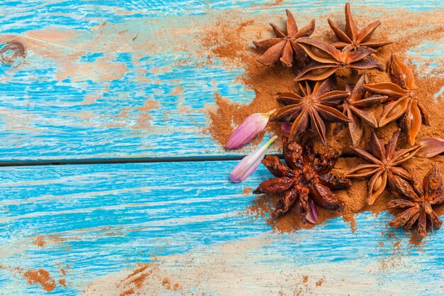 Cinnamon on wooden board.