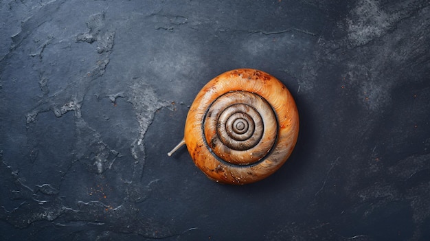 Cinnamoned snail on grey table seen from above