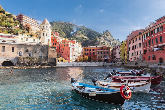 Cinque Terre Italy Scenic view of marina In colorful fishermen village Vernazza