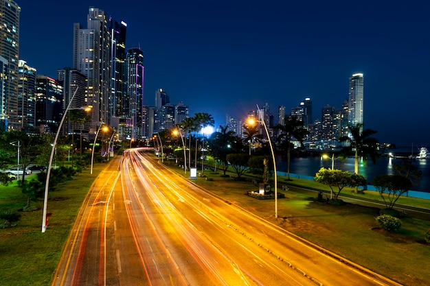 Cinta Costera Coastal Beltway Balboa avenue city skyline at night Panama City Panama Central America