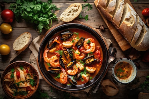 접시에 먹을 준비가 된 Cioppino 전문 광고 음식 사진