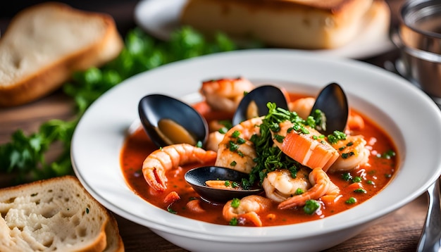 Тушеное морепродукты Cioppino с тостами Gremolata