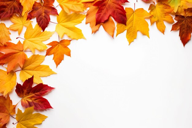 A circle of autumn leaves on a white background