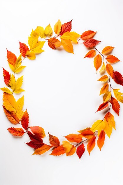 a circle of autumn leaves with a circle of yellow and orange leaves.