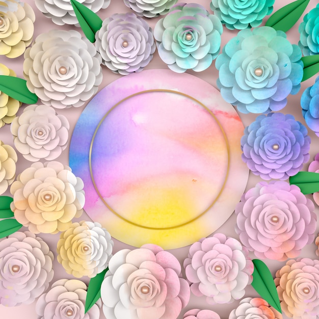 Circle background frame with blooming rose flower.