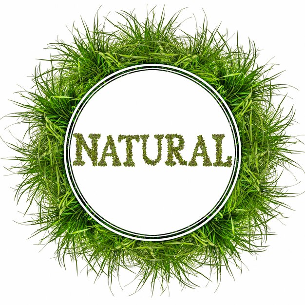 NATURALの碑文が付いた明るい緑の草の輪。デザインのコンセプト。