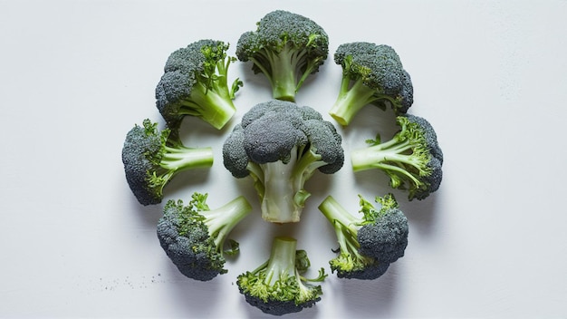 a circle of broccoli sits on a white surface