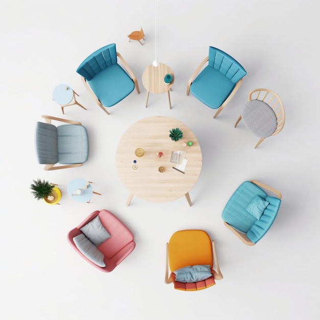 A circle of chairs with different colors and a table with a plant on it.