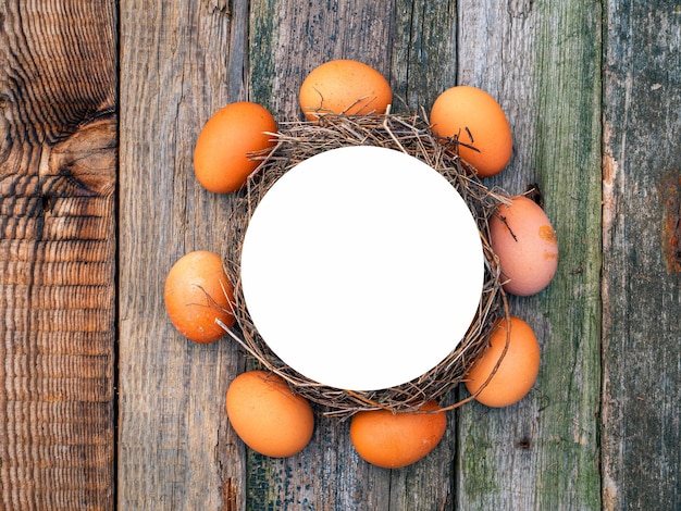 A circle of chicken eggs on a wooden table