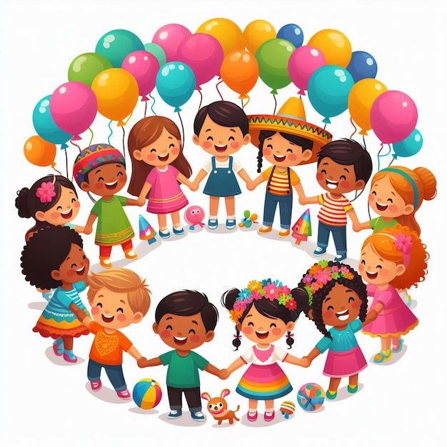 Photo a circle of children holding hands with a circle of balloons in the middle