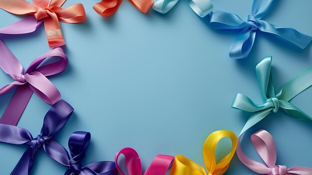 A circle of colorful cancer awareness ribbons on blue background