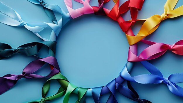 A circle of colorful cancer awareness ribbons on blue background