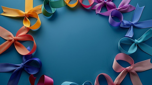 A circle of colorful cancer awareness ribbons on blue background