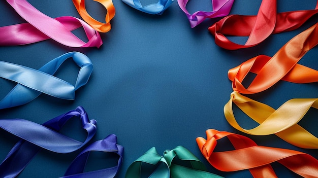 A circle of colorful cancer awareness ribbons on blue background