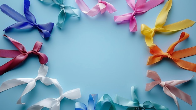 A circle of colorful cancer awareness ribbons on blue background