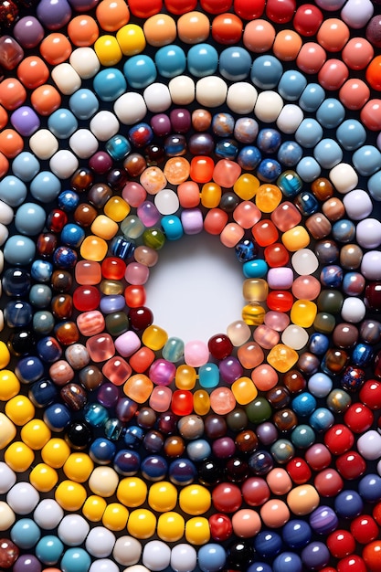 a circle of colorful candy is surrounded by a circle of multicolored beads.