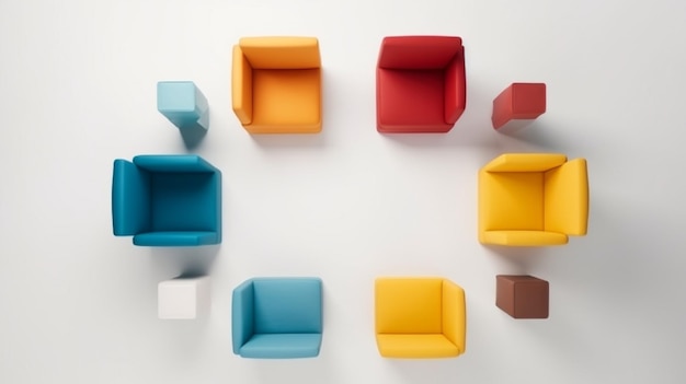 A circle of colorful chairs on a white background