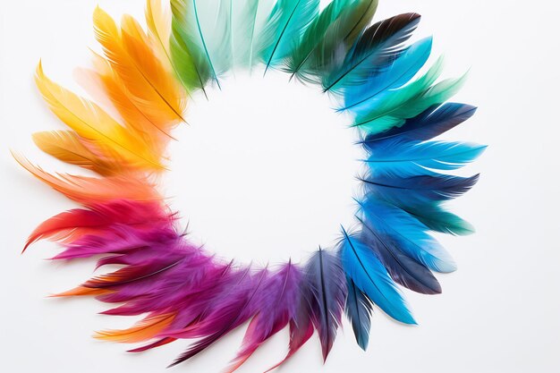 A circle of colorful feathers is shown with a white background