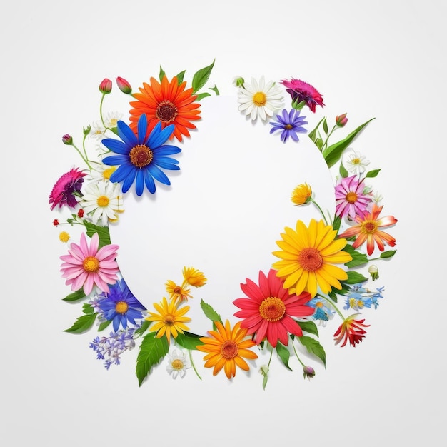 Circle of Colorful Flowers on White Background Generative AI