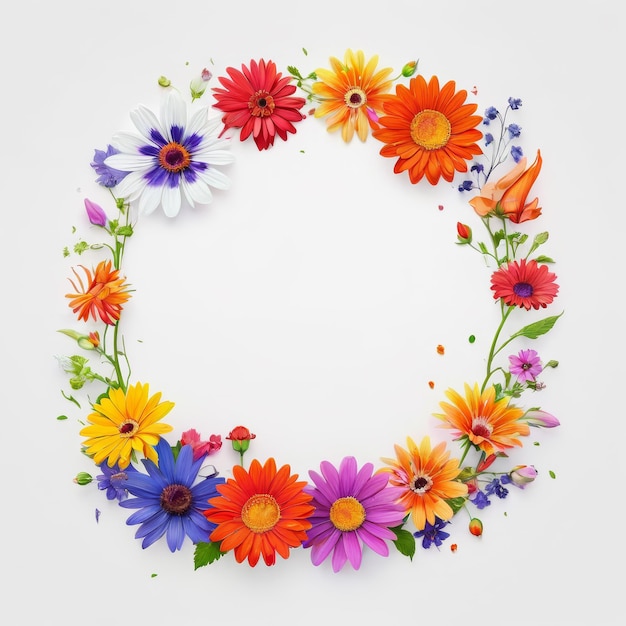 Circle of Colorful Flowers on White Background Generative AI