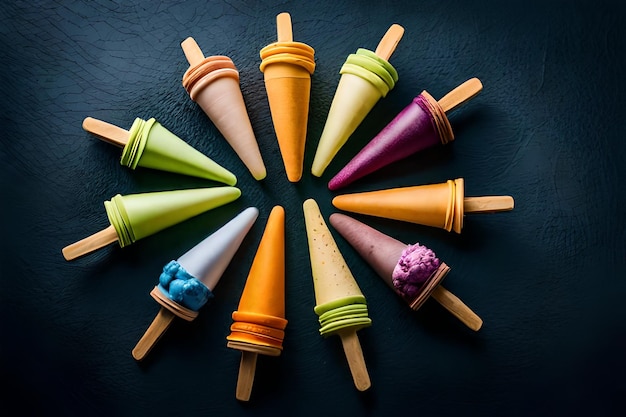 Photo a circle of colorful ice cream cones.