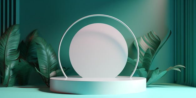 Circle decor on white podium with tropical leaves decor around cyan background templates Created with Generative AI technology