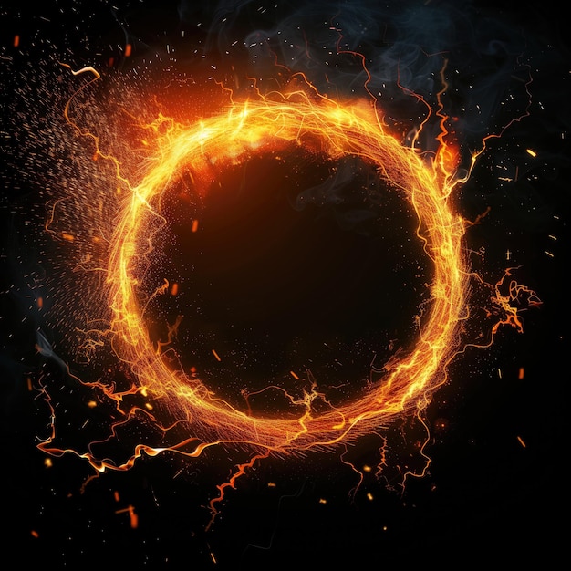 Photo a circle of fire surrounded by sparks on a dark background