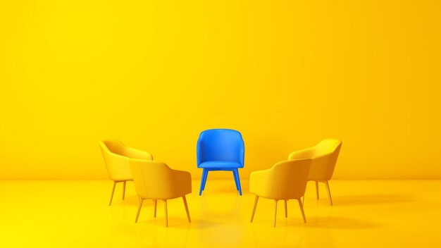 Circle of Five Chairs The Blue Chair Stands Out From the Crowd of Yellow Chairs Against on a Yellow