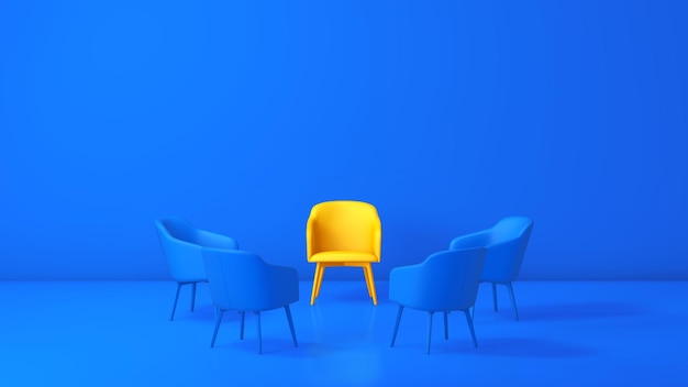 Circle of Five Chairs The Yellow Chair Stands Out From the Crowd of Blue Chairs Against on a Blue