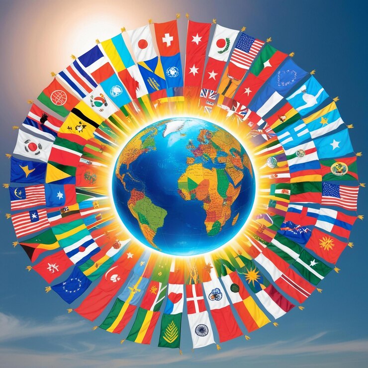 a circle of flags with the world around the world with the world around it