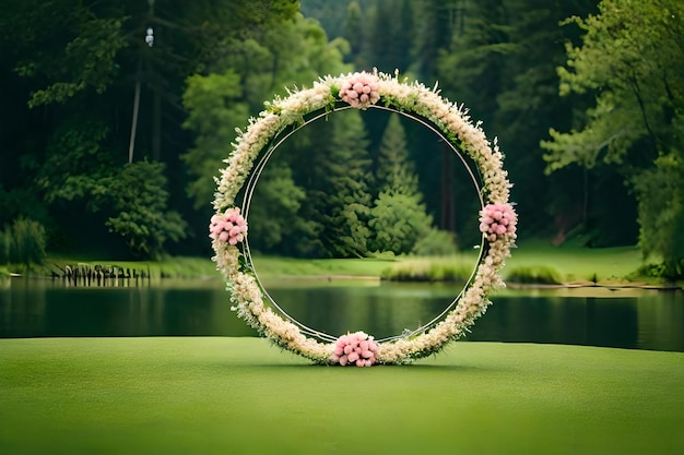 A circle of flowers is framed by a forest lake