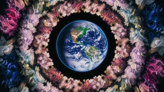Photo a circle of flowers and a picture of a planet
