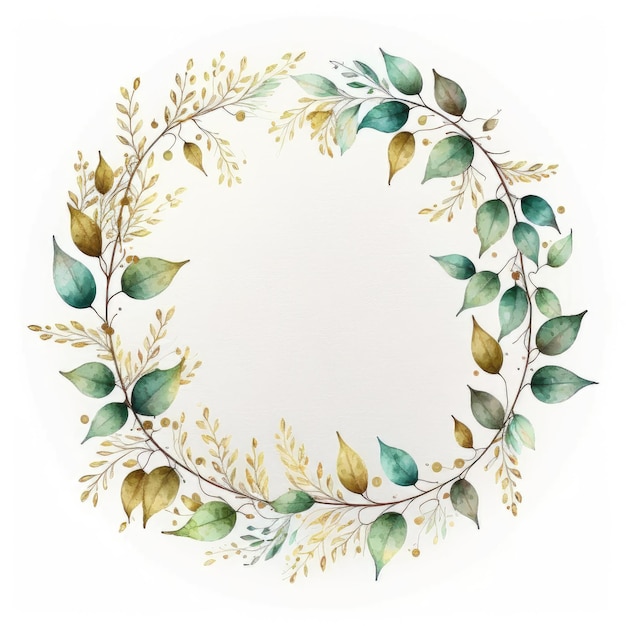 Circle frame of gold and green leaves with watercolor painting