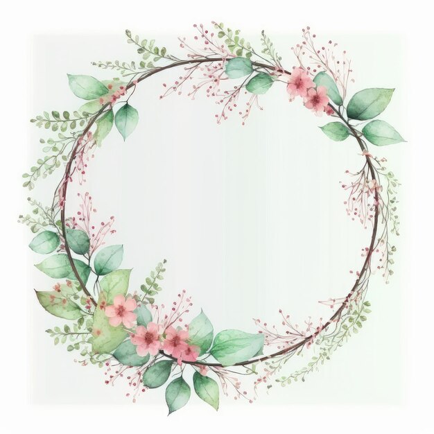 Photo circle frame of pink flower and green leaves with leave watercolor painting