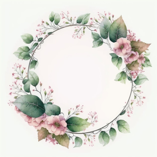 Круглая рамка из розового цветка и зеленых листьев с акварельной живописью
