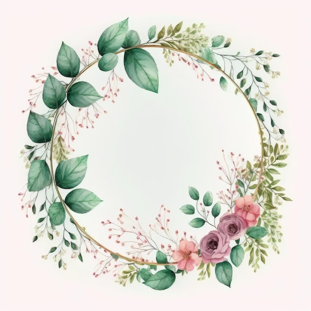 Circle frame of pink flower and green leaves with leave watercolor painting