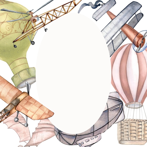 白い背景に分離されたレトロなトランスポート水彩イラストのサークル フレーム